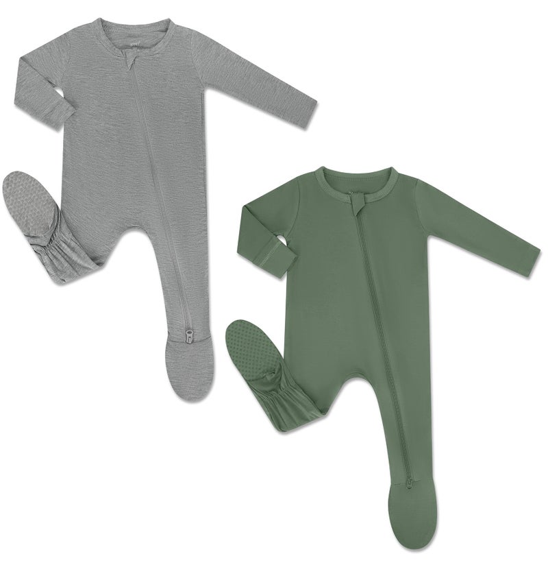 HAPIU Rayon from Bamboo Baby Footed Pajamas, 2 Way Zipper YKK, Footie for Baby Boy Girls, Newborn-24 Months, 2-Pack, Light Heather Grey&Dark Forest Green, 6-12 Months - Image 1